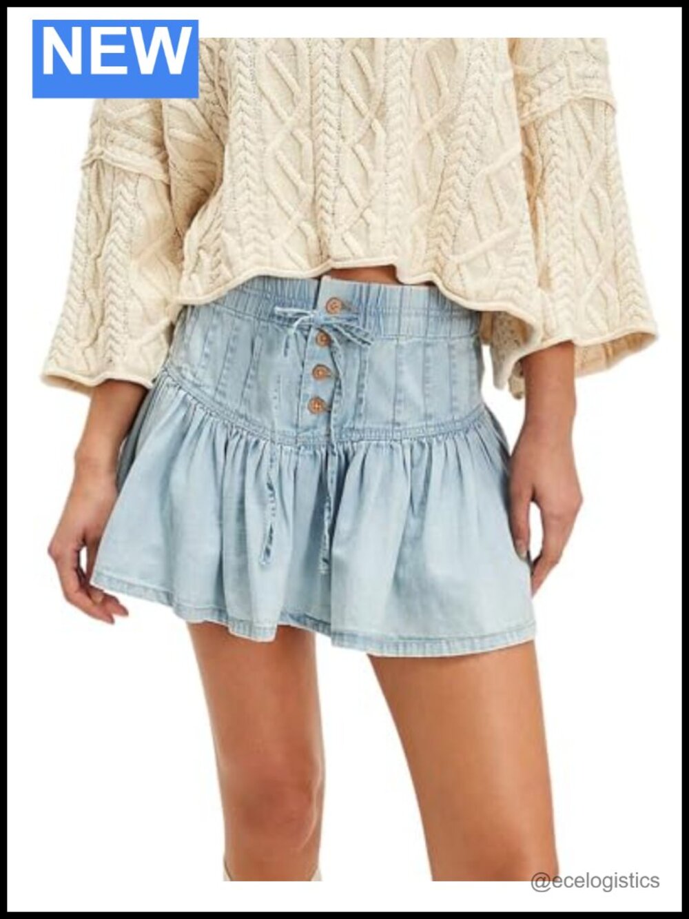 Y2K Trendy Stretch High Waisted Jean Skirt Casual Button-Fly A-Line Ruffle